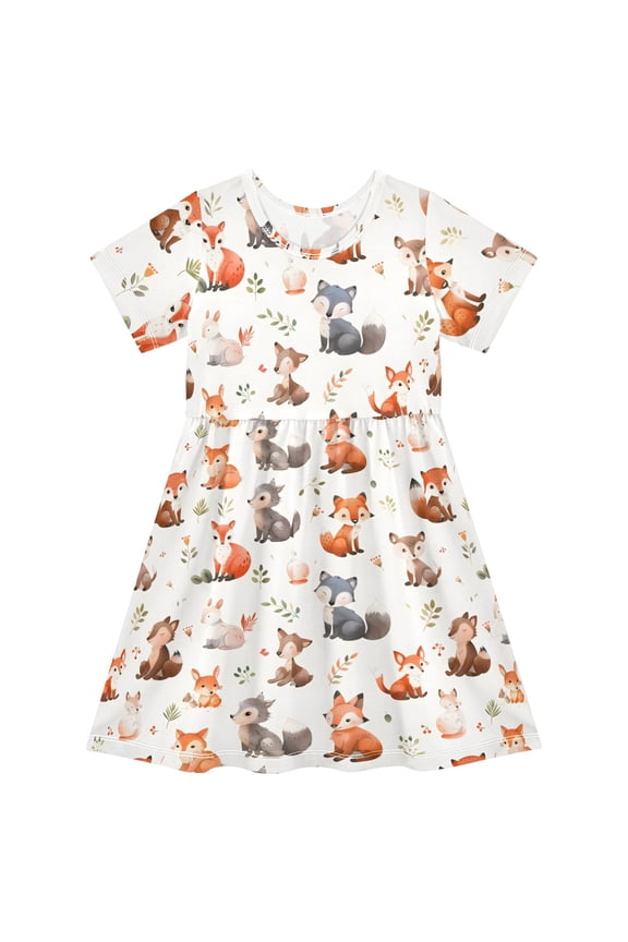 Foxs Short Sleeve Dress A-Line Cute Midi Casual Sundress 2-8 Years