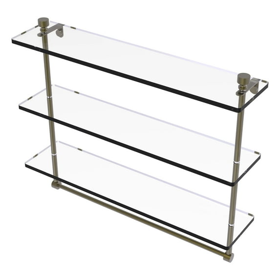 Foxtrot Collection 22-in Triple Tiered Glass Shelf with Integrated Towel Bar in Antique Brass