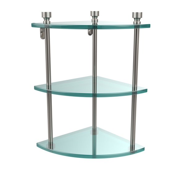 Foxtrot Collection Three Tier Corner Glass Shelf in Satin Nickel