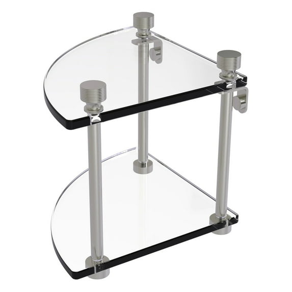 Foxtrot Collection Two Tier Corner Glass Shelf in Satin Nickel