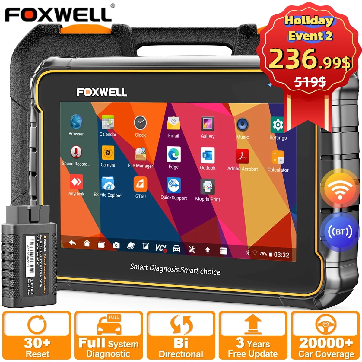 Foxwell GT60 BT Bluetooth OBD2 Scanner All System Automotive Diagnostic Scan Tool 24 Maintenance Functions ABS Bleeding Car Code Reader