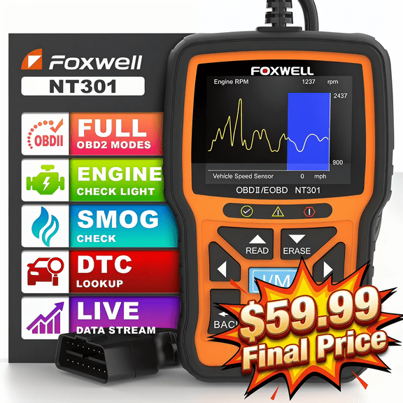 Foxwell NT301 OBD2 Scanner Check Engine Light Read Clear Error Code Reader OBDII Auto Diagnostic Scan Tools Freeze Frame O2 Sensor Monitor Live Data On-board Monitor Test