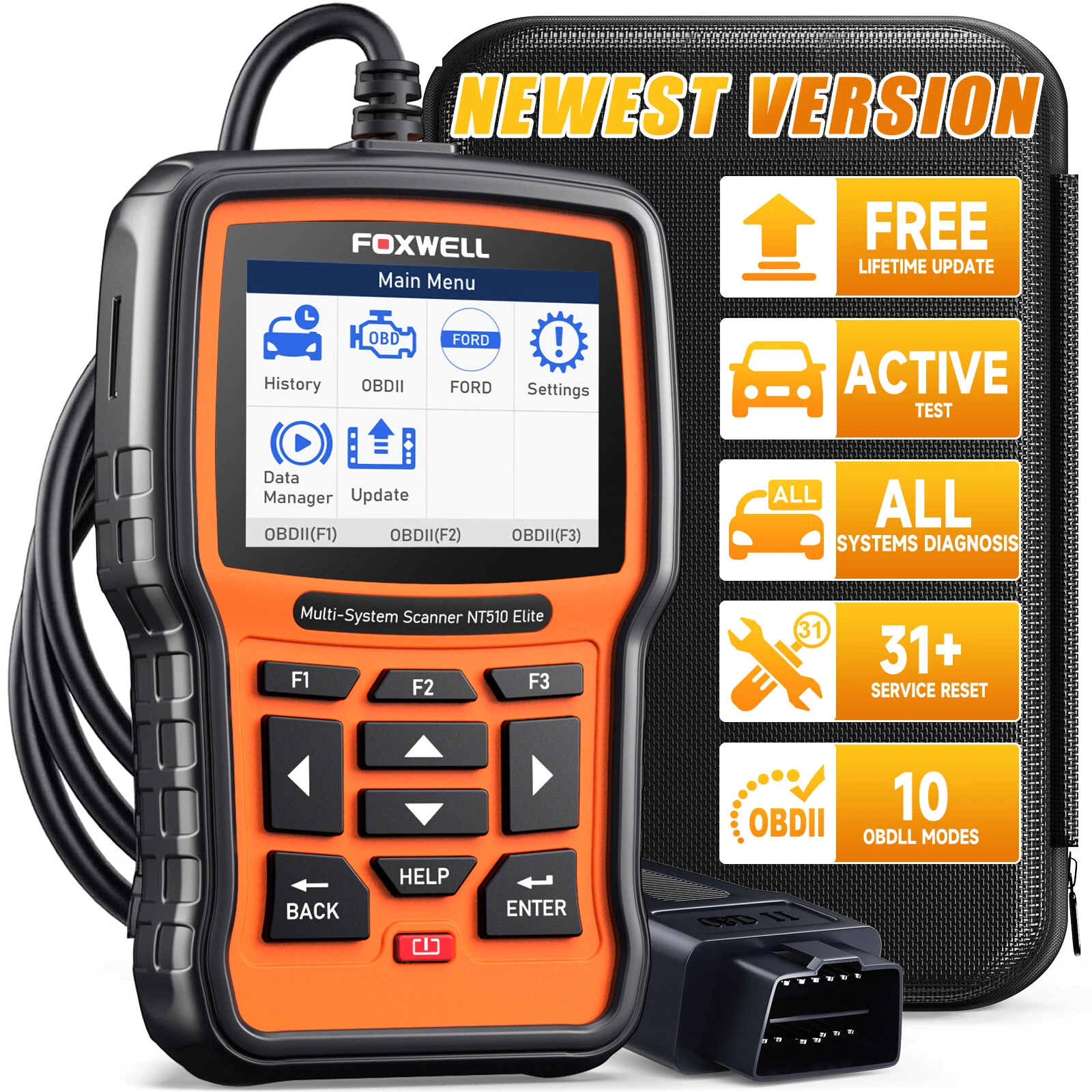 Foxwell NT510 Elite Car Scanner Bidirectional Control Test Diagnostic Tool OBDII Code Reader OBD2 Scanner Full System Full Maintenance Reset Automotive Scanner for All Cars EOBD OBD Scanner,Ford