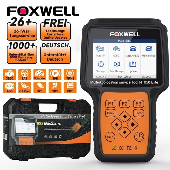 Foxwell NT650 Elite Car OBD2 Scanner ABS SRS Engine Code Reader ABS Bleeding EPB TPS Battery Oil Light Reset SAS Calibration 26 Maintenance Reset Services Automotive Diagnostic Tool