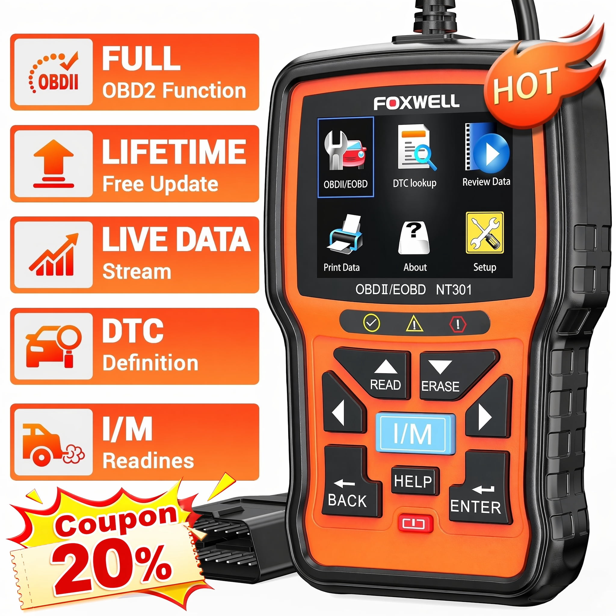 FOXWELL NT301 OBD2 Scanner Code Reader Check Engine Fault Car Diagnostic Tool Check Engine Fault