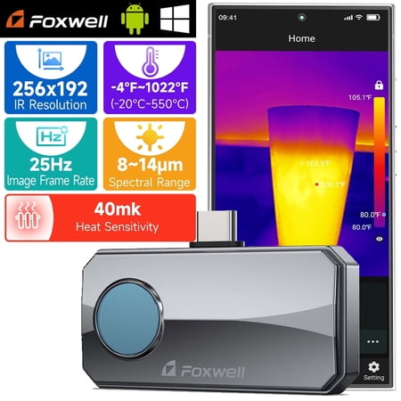 Foxwell RT100 Thermal Camera for Android Smartphone, 256x192 IR Resolution Thermal Imaging Camera, Thermal Imager for Home/Automotive Leak Inspection, Upgraded Temperature Accuracy, 25Hz Reframe Rate