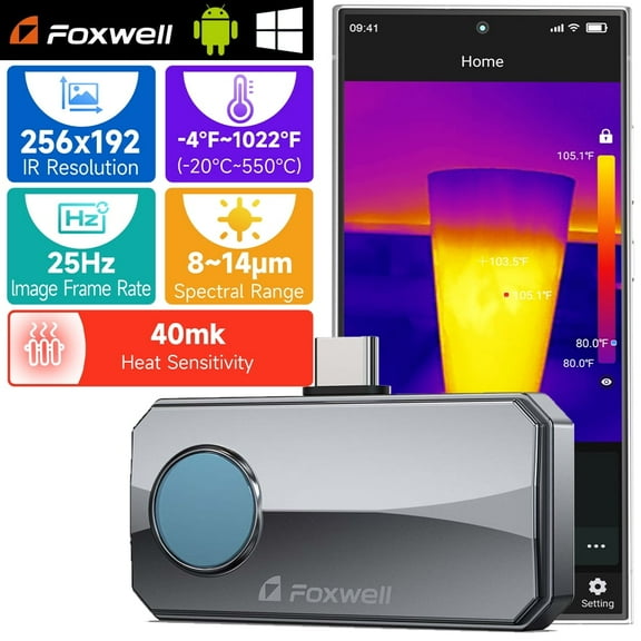 Foxwell RT100 Thermal Camera for Android Smartphone, 256x192 IR Resolution Thermal Imaging Camera, Thermal Imager for Home/Automotive Leak Inspection, Upgraded Temperature Accuracy, 25Hz Reframe Rate
