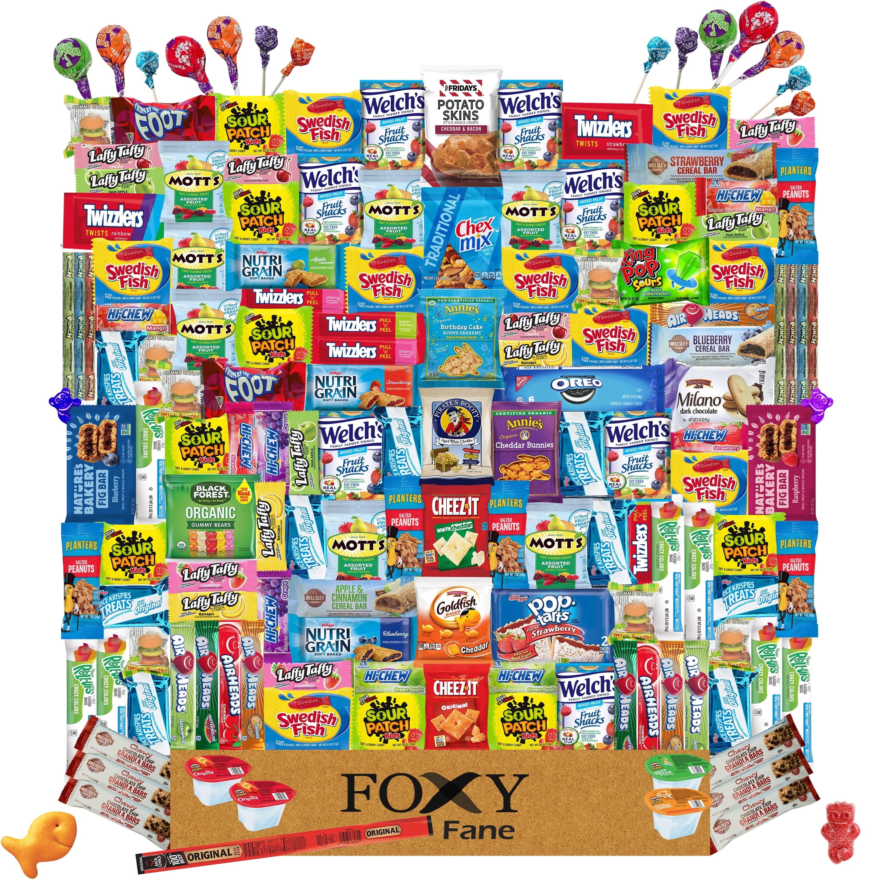 Foxy Fane 150 count Deluxe Gift Snack Box - Ultimate Care Package with Variety Assortment of Crackers, Cookies, Candy, Chips & other Snacks - Bundle of Delicious Treats (150 Snacks)