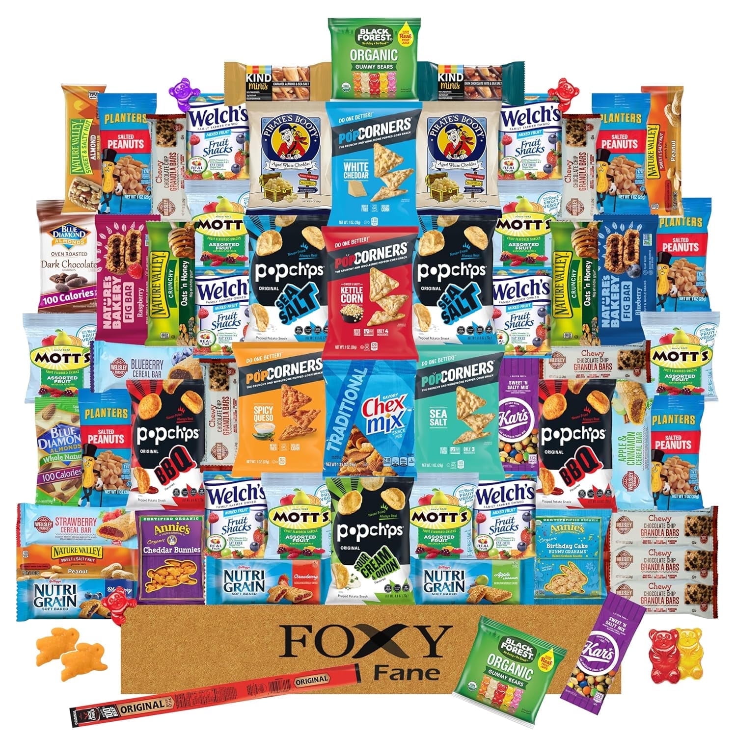 Foxy Fane 60 count Premium Healthy Snack Box - Ultimate Gift Care Package with Variety Assortment of Chips, Nuts, Bars, Crackers, Popcorn, Cookies & more - Bulk Bundle of Delicious Treats (60 Snacks)