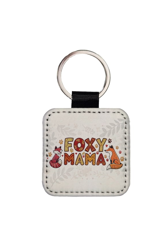 Foxy Mama Cute Fox Foxes Theme Faux Leather Square Keychain