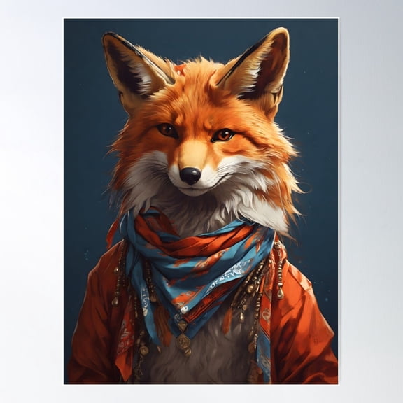 Foxy Rebel: Portrait Of A Fox With A Bandana Poster Wall Art, Modern Wall Decor For Living Room Bedroom, 8x12 UNFRAMED