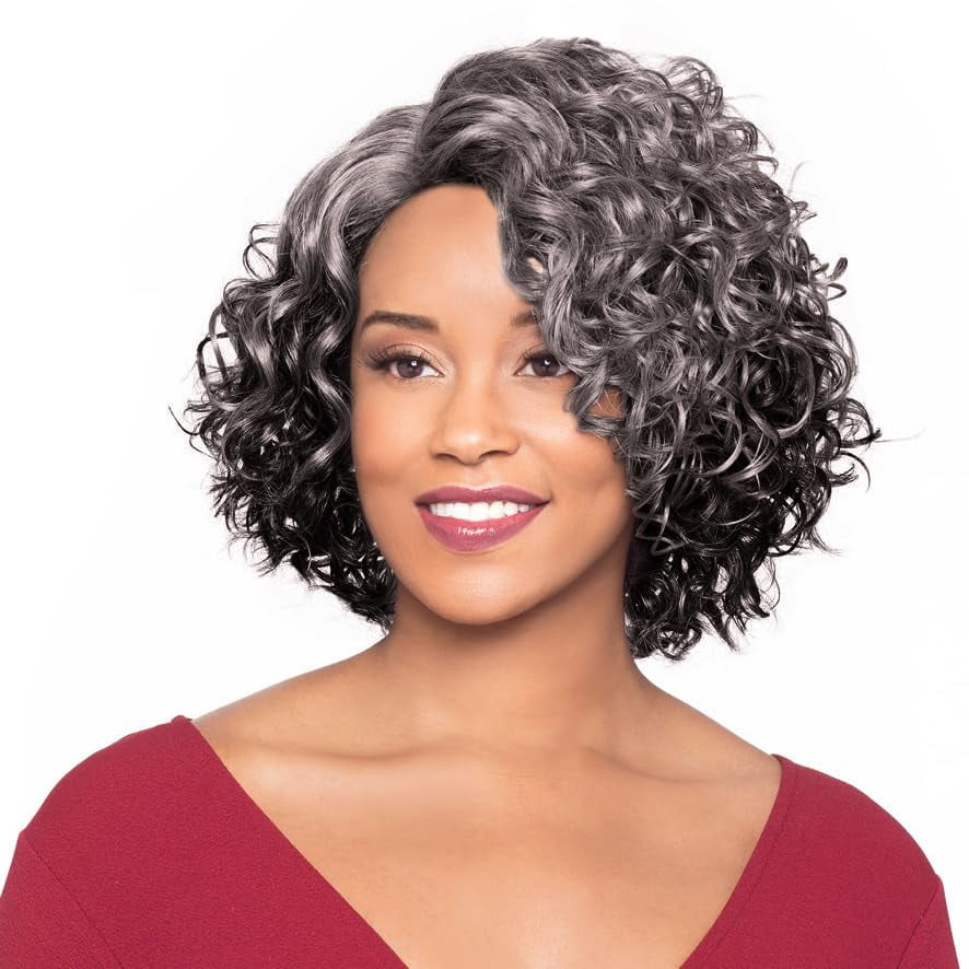Foxy Silver Martina Wig Color 3T34 - 11" Long Curly Side Part Fusion Heat Resistant Synthetic J Part African American Average Cap Bundle Hairloss Booklet, Comb