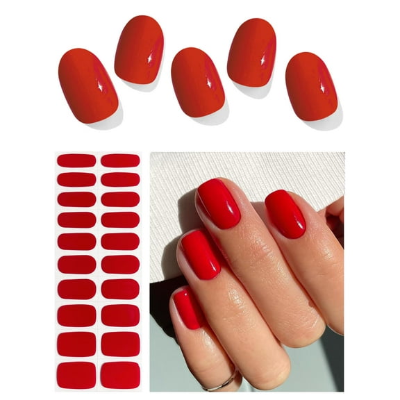 Foyute Semi Cured Gel Nail Strips, 20 Pcs Soft Self-Adhesive Gel Nail Polish Wraps Sticker for Salon-Quality Manicure Set,Long Lasting,Easy to Apply & Remove, Nail File & Wooden Stick (Red A)
