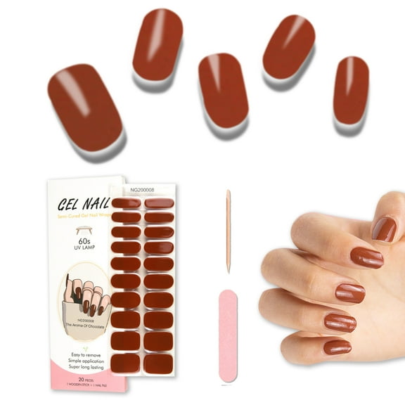 Foyute Semi Cured Gel Nail Strips, 20 Pcs Soft Self-Adhesive Gel Nail Polish Wraps Sticker for Salon-Quality Manicure Set,Long Lasting,Easy to Apply & Remove, Nail File & Wooden Stick (Burgundy A)