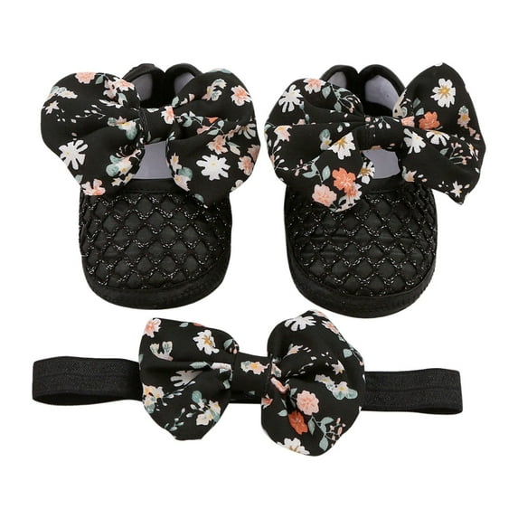 Fozruso 0 To 1 Year Old Baby Shoes Hair Band Set Cute Bow Princess Shoes 3 5 7 9 Months Soft Soled Walking Shoes Sizes 4 Toddler(Black)
