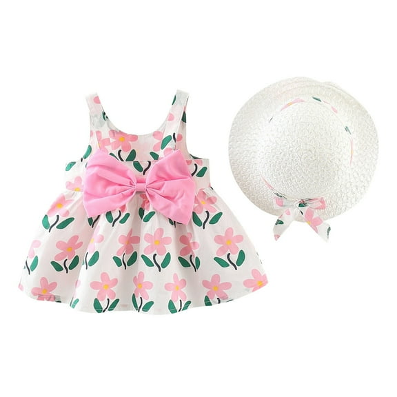 Fozruso 2 Piece Outfit Baby Kids Girls Sleeveless Bow Flower Suspending Dress And Hat Set Outfit,18-24 Months(Pink)