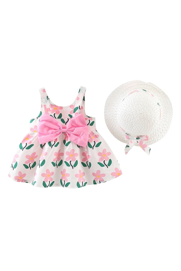 2 Piece Outfit Baby Kids Girls Sleeveless Bow Flower Suspending Dress And Hat Set Outfit,18-24 Months(Pink)