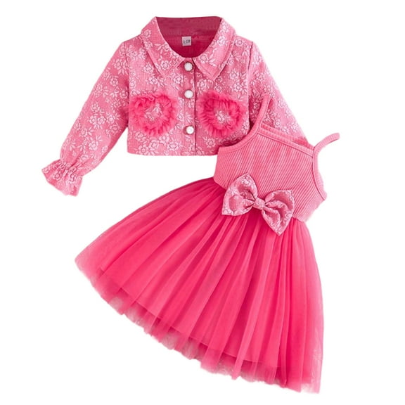 Fozruso 2 Piece Outfit Sets Baby Girls Outfits 2 Piece Set Embroidery Long Sleeve Jacket With Purple Strappy Mesh Dress Toddler Summer Fall Casual Clothes,9-12 Months(Pink)