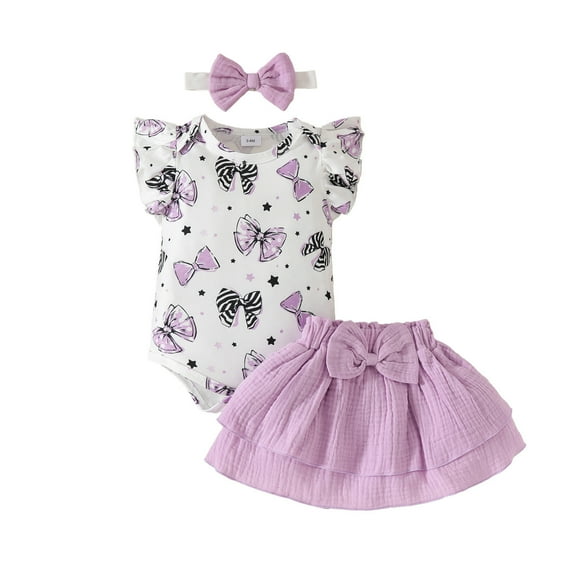 Fozruso 2 Piece Outfit Sets Girls Bowknot Prints Romper Bodysuits Skirts Headbands Set,0-3 Months(Purple)
