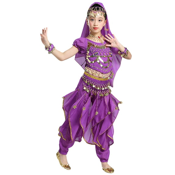 Fozruso 2 Piece Outfit Sets Girls Dance Outfits PerFormance Set With Glitter Short Sleeves Long Pants Waist Chain Scarf Necklace For Stage Show Summer Ages 3 12 Years,11-12 Years(Purple)