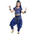 thumbnail image 1 of Fozruso 2 Piece Outfit Sets Girls Dance Outfits PerFormance Set With Glitter Short Sleeves Long Pants Waist Chain Scarf Necklace For Stage Show Summer Ages 3 12 Years,7-8 Years(Blue), 1 of 5
