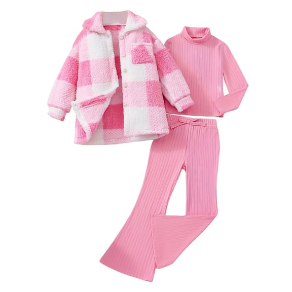 Fozruso 2 Piece Outfit Sets Girls Winter Outfits Sets 4 7 Years Old Fall Plaid Jacket With Ribbed Top And Pants 3 Piece Casual School Party Beach Outfit,3-4 Years(Pink)