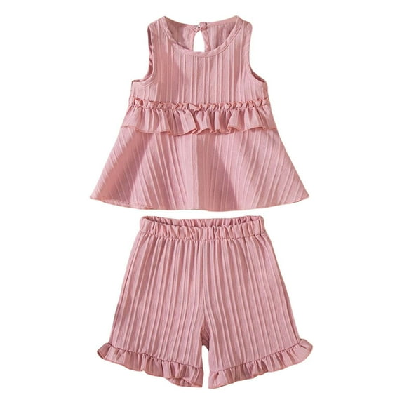 Fozruso 2 Piece Outfit Sets Summer Girls Outfits Toddler Casual Sleeveless Ruffled Shorts Set For 9 Months 6 Years Old ComFortable Playwear Everyday Wear,12-24 Months(Pink)