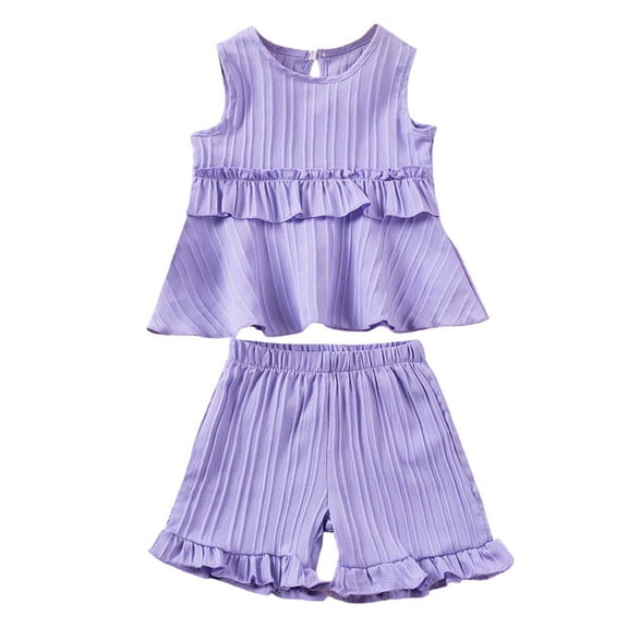 Fozruso 2 Piece Outfit Sets Summer Girls Outfits Toddler Casual Sleeveless Ruffled Shorts Set For 9 Months 6 Years Old ComFortable Playwear Everyday Wear,2-3 Years(Purple)