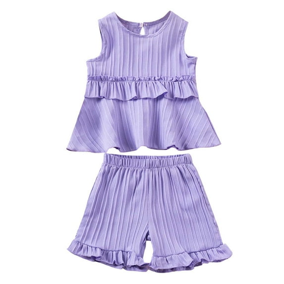 Fozruso 2 Piece Outfit Sets Summer Girls Outfits Toddler Casual Sleeveless Ruffled Shorts Set For 9 Months 6 Years Old ComFortable Playwear Everyday Wear,9-12 Months(Purple)