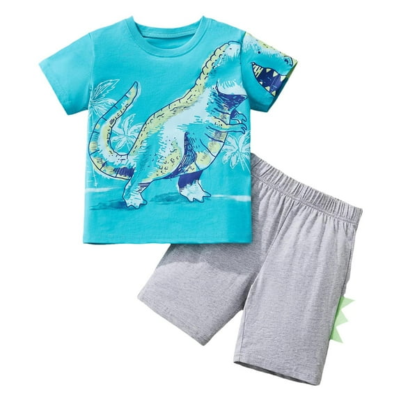 Fozruso 2 Piece Outfit Sets Toddler Boys Short Sleeve Dinosaur Prints T Shirt Tops Shorts Child Kids 2PC Set Outfits Clothes,Sizes 2-3 Years(Blue)