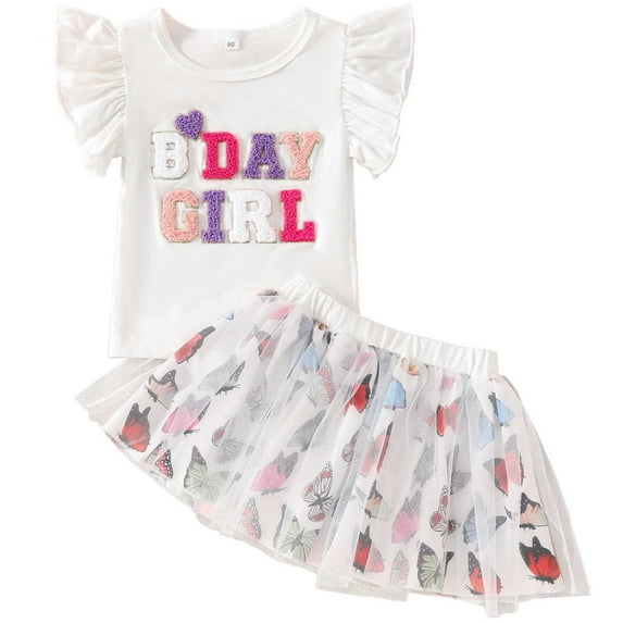 Fozruso 2 Piece Outfit Summer Girl's Short Sleeve Top And Colorful Tutu Skirt Set For 3 8 Years Old,3-4 Years(White)