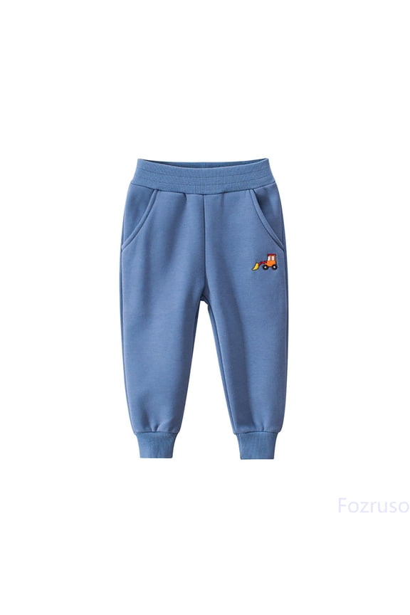 Autumn Winter Cartoon Print Children's Long Pants Alphabet Boys Sport Corded Footpants With Fleece Pants Athletic Pants Sizes 2-3 Years(Blue)