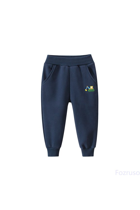 Autumn Winter Cartoon Print Children's Long Pants Alphabet Boys Sport Corded Footpants With Fleece Pants Athletic Pants Sizes 3-4 Years(Blue)
