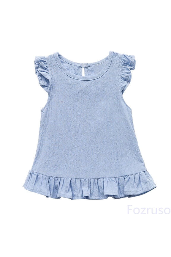 Baby Kids Solid Tops Cotton Clothes Sleeve Fly Color Blouse Ruffle Girl Girls Tops School Casual,Sizes 18-24 Months Blue