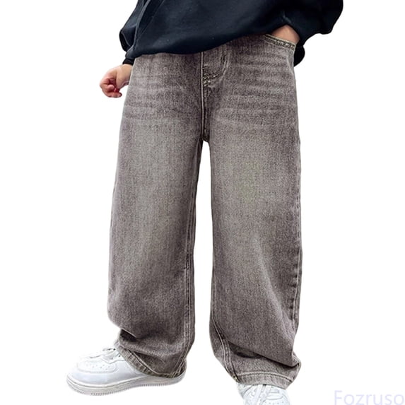 Fozruso Baggy Jeans Boys Y2K Straight Wide Leg Denim Pants Kids Casual Elastic Waist Loose Pants with Pockets Streetwear Vintage Jeans Casual Denim Pants Sizes 4-5 Years(Gray)