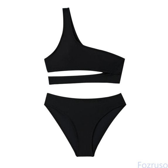 Fozruso Black Solid Color Two Piece Swimwear For Girls Slimming Design Comfortable And Stylish Children's Bathing Suit Swimwear Sets Sizes 130