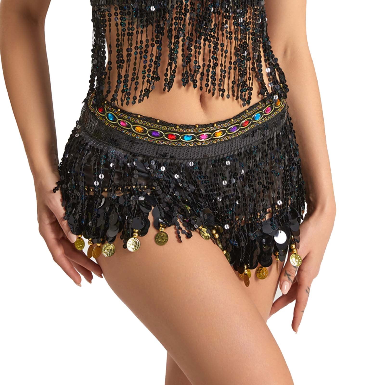 Sparkle Skirt Rhinestone Fringe Belt Skirt Black Sparkly Wrap Blue