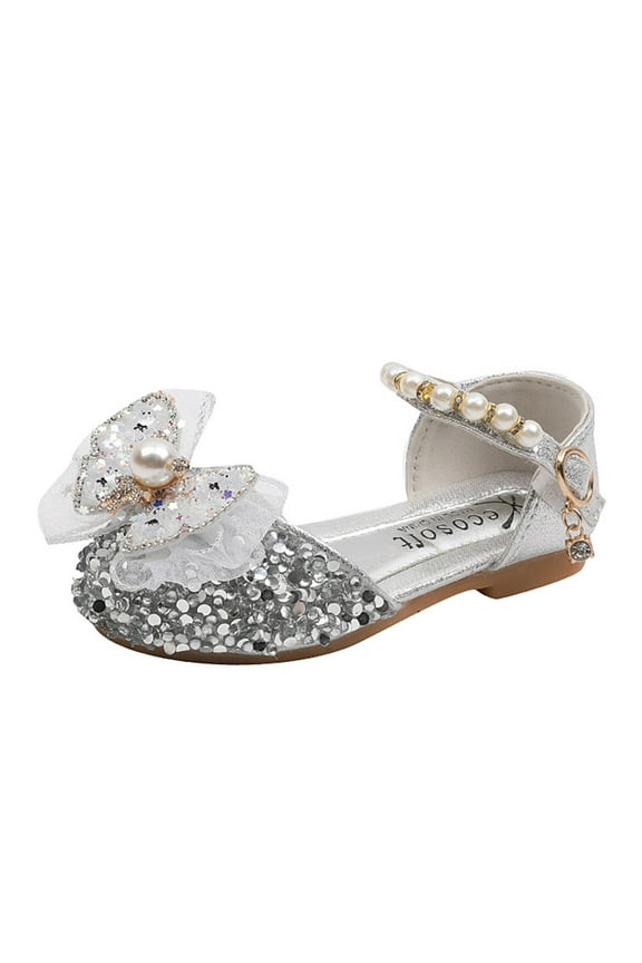 Bow Metal Pearl Rhinestone Color Matching Gradient Spring Shoes For Girls Sizes 2.5 Big Kid(Silver)