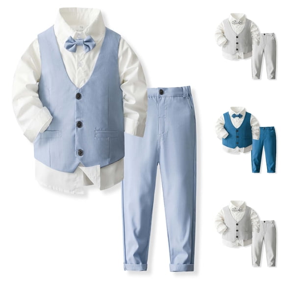 Fozruso Boys 2 Piece Sets,Boys Formal Outfits Set Shirt Vest Pants Bow Tie Suit For Kids Wedding Party Church Occasions Kids Casual School,5-7 Years