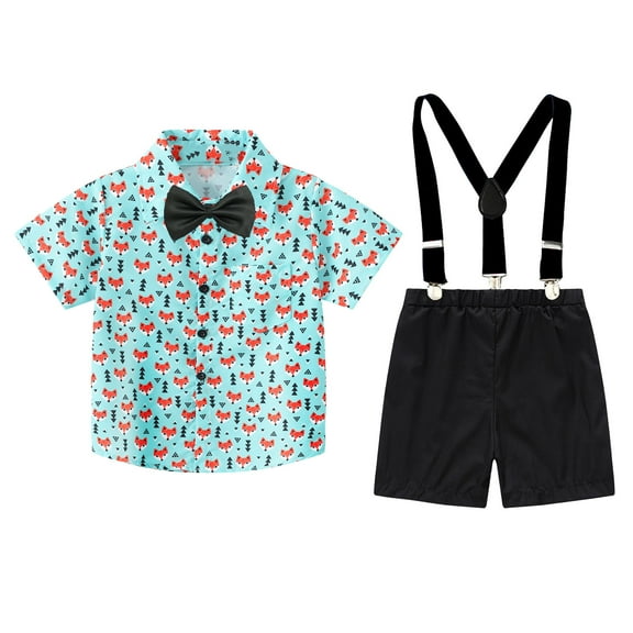 Fozruso Boys 2 Pieces Summer Outfits Toddler Boys Short Sleeve Casual Gentleman Tops Hawaii Beach Holiday Floral Shirts T Shirt Suspender Trousers Shorts Outfits,Sizes 2-3 Years(Green)