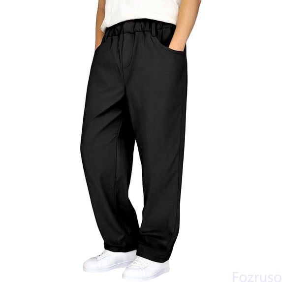 Fozruso Boys Cargo Pants With Multiple Pockets Straight Leg Casual Outdoor School Trousers Elastic Waist Comfortable For Kids Cargo Pants for Casual Outdoor Sizes 15-16 Years(Black)
