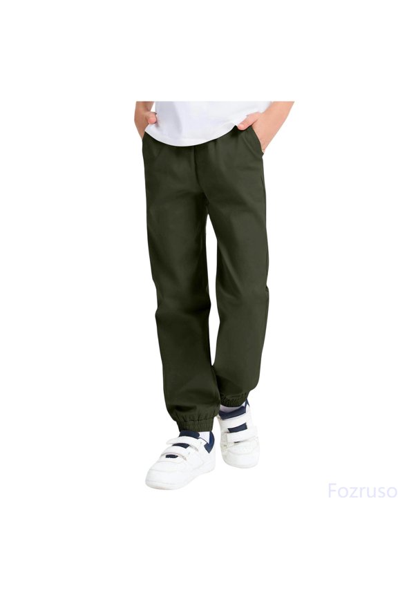 Boys Casual Solid Color Pants With Drawstring Ankle Cuffs And Side Pockets Comfortable Elastic Waistband For Everyday Wear School Uniform Pants Sizes 14-15 Years(Green)