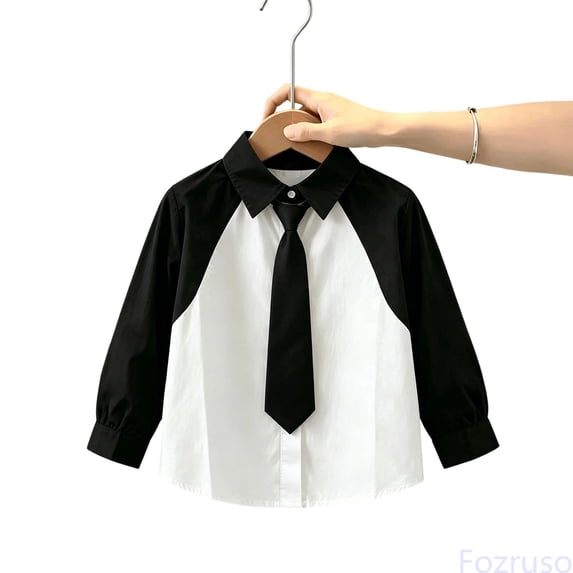 Fozruso Boys Long Sleeve Button Up Shirts, Kids Classic Collared Dress Shirts with Patchwork Design Back to School Clothes