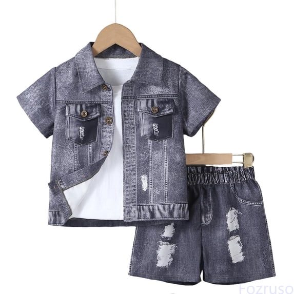 Fozruso Boys Outfit Sets,Summer Outfits 2 Piece Denim Short Sleeve Button-Down Shirt And Jeans Shorts Set,Sizes 3-5 Years