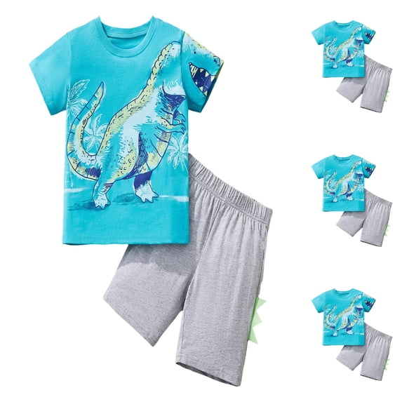 Fozruso Boys Outfit Sets Toddler Boys Short Sleeve Dinosaur Prints T Shirt Tops Shorts Child Kids 2PC Set Outfits Clothes Sizes 4-5 Years(Blue)