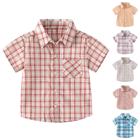 Fozruso Boys Plaid Collared Dress Shirts, Short Sleeves Summer Button-Down Shirts with Pockets for Toddler and Kids