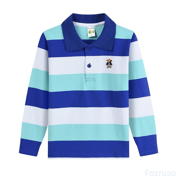 Fozruso Boys Striped Pattern Collared Shirt Long Sleeve Shirt School Uniform Shirts Summer Active Casual Tops for Kid Kids Collared Tops Sizes 3-4 Years