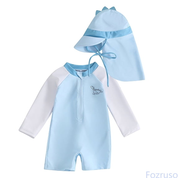Fozruso Boys Swimwear Long Sleeve Dinosaur Rash Guard With Hood Sun UPF 50+ Swimsuit For Baby Toddler Kids Beach Pool Swimming Two-Piece Swimwear Sizes 12-18 Months