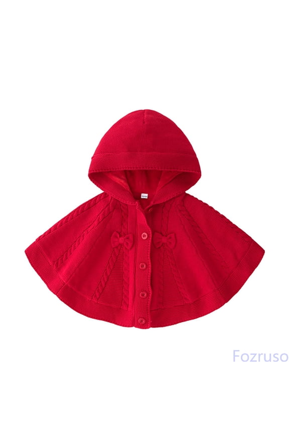 Cape For Girls Hooded Knit Poncho Sweaters Kids Shawl Sweater Toddler Button-up Cardigan,Red