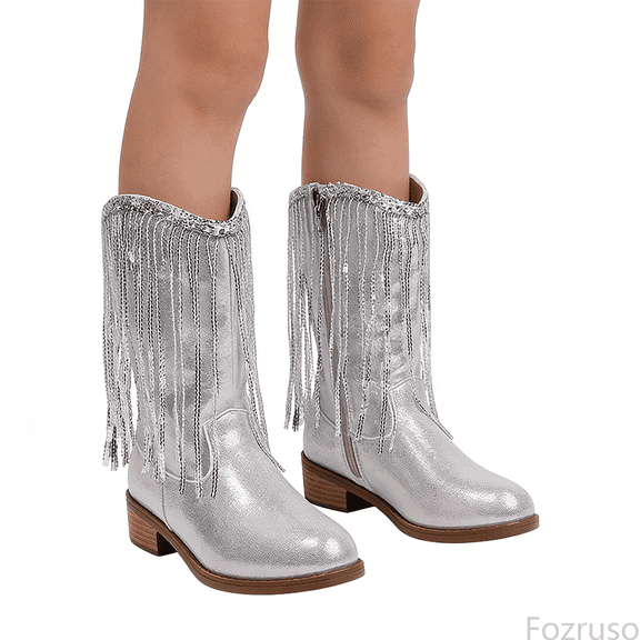 Fozruso Carnival Fringe Mid Calf Boots Slip On Fashion Casual Heel Girls Ankle Booties For Party And Daily Wear,Sizes 1(9-10 Years)